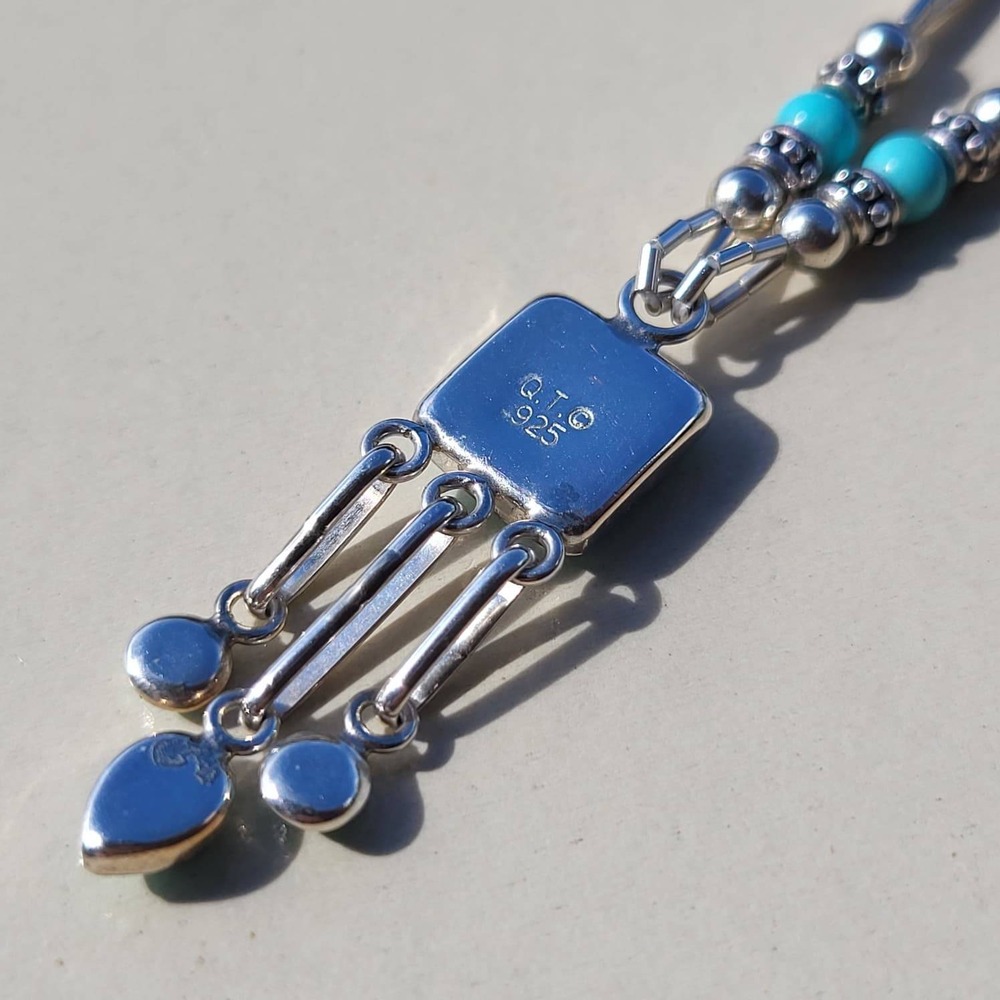 Vintage Q.T. 925 Sterling Silver Turquoise Liquid Silver Pendant Necklace - Picture 4 of 13